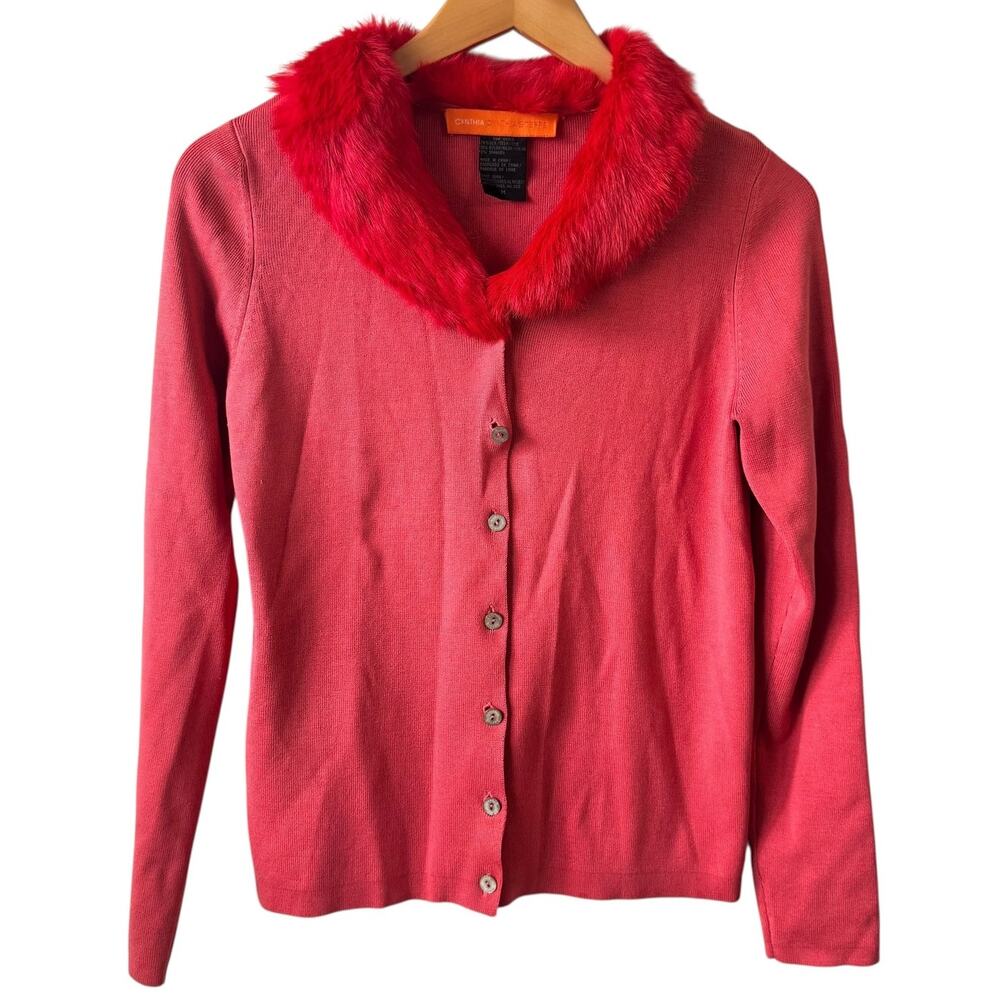 CYNTHIA STEFFE Cardigan‎ Women M Red Silk Faux Fur Collar Buttons Y2K Bratz 90s